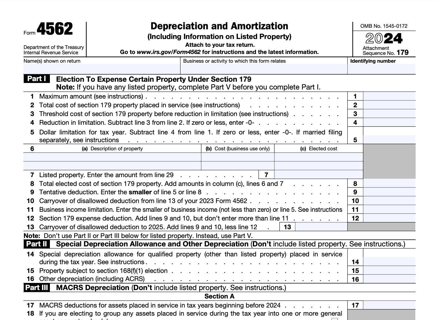 Form 4562, Depreciation and Amortization, for claiming depreciation on business personal property