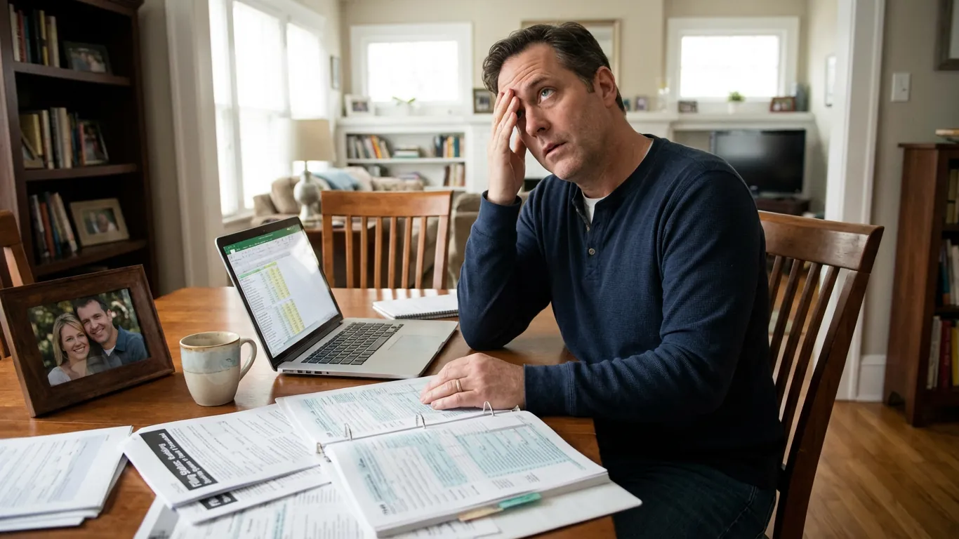 Person reviewing tax documents at home after the death of a spouse.