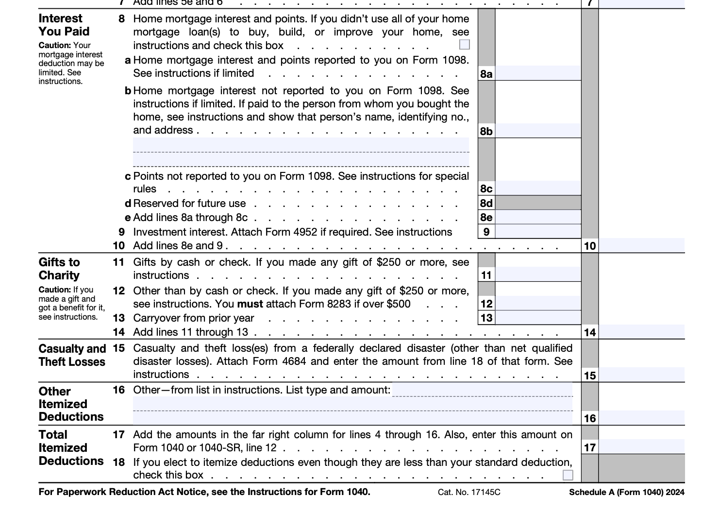Schedule A form for itemizing deductions, including property taxes