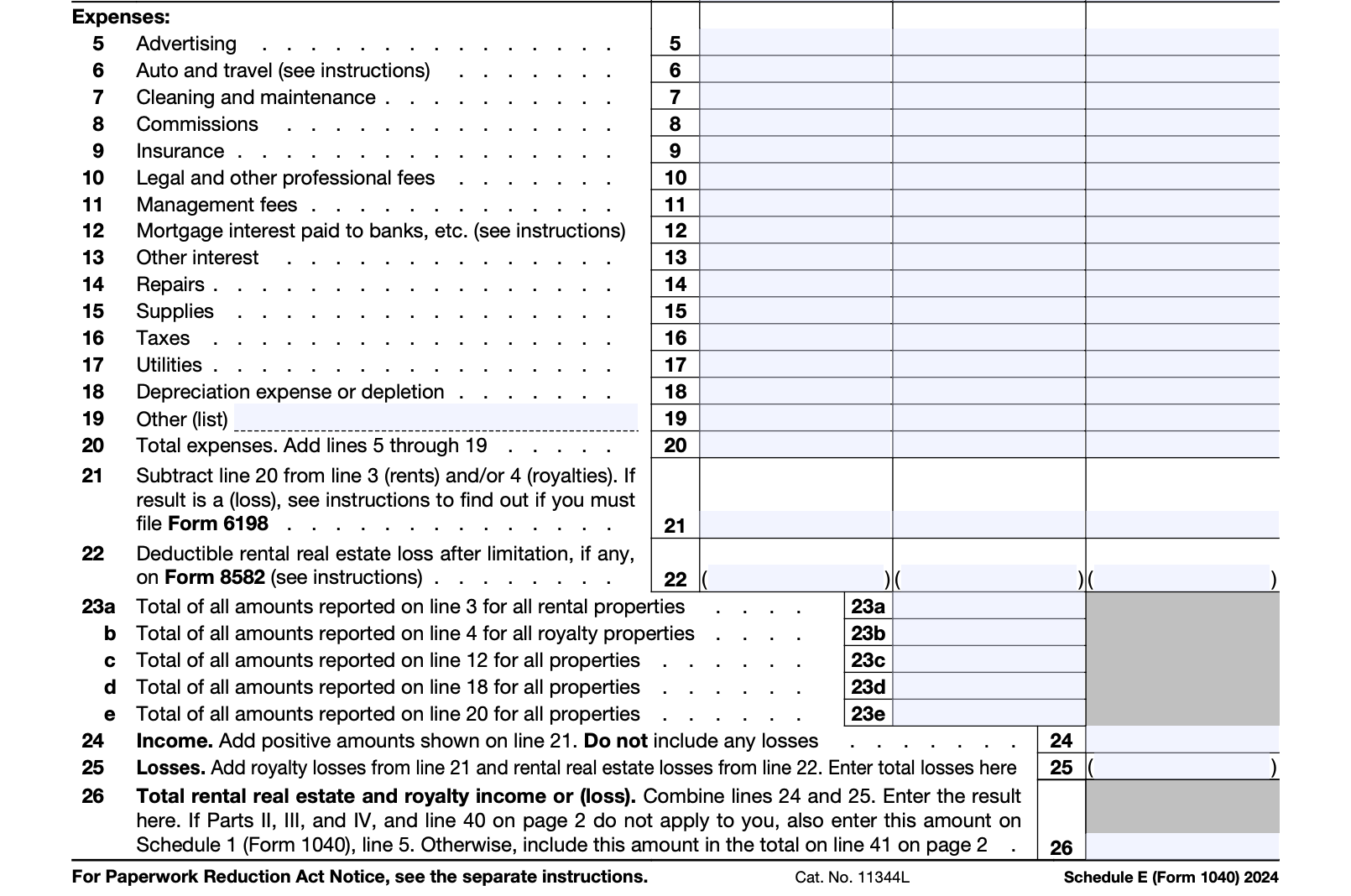 Schedule E (Form 1040) for deducting property taxes as a rental expense