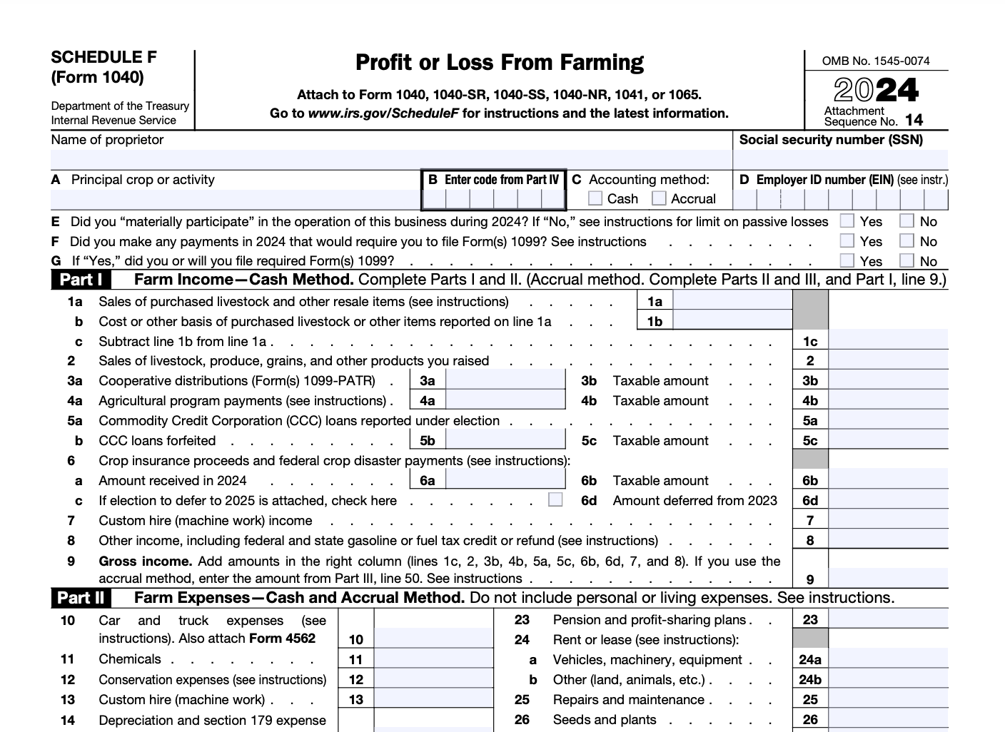 Schedule F, form for claiming tangible personal property on business property taxes as a farmer