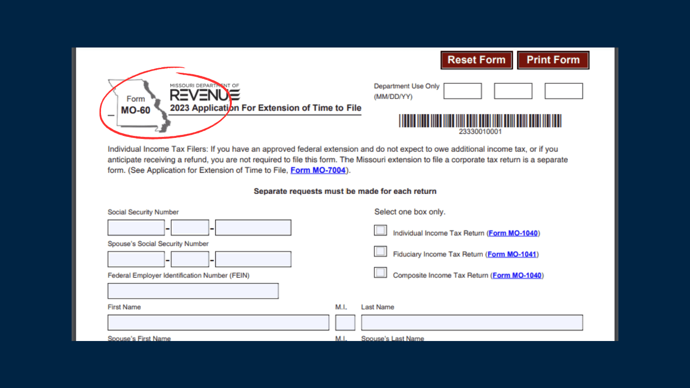 Screenshot MO-60 Form for Missouri Tax Extensions