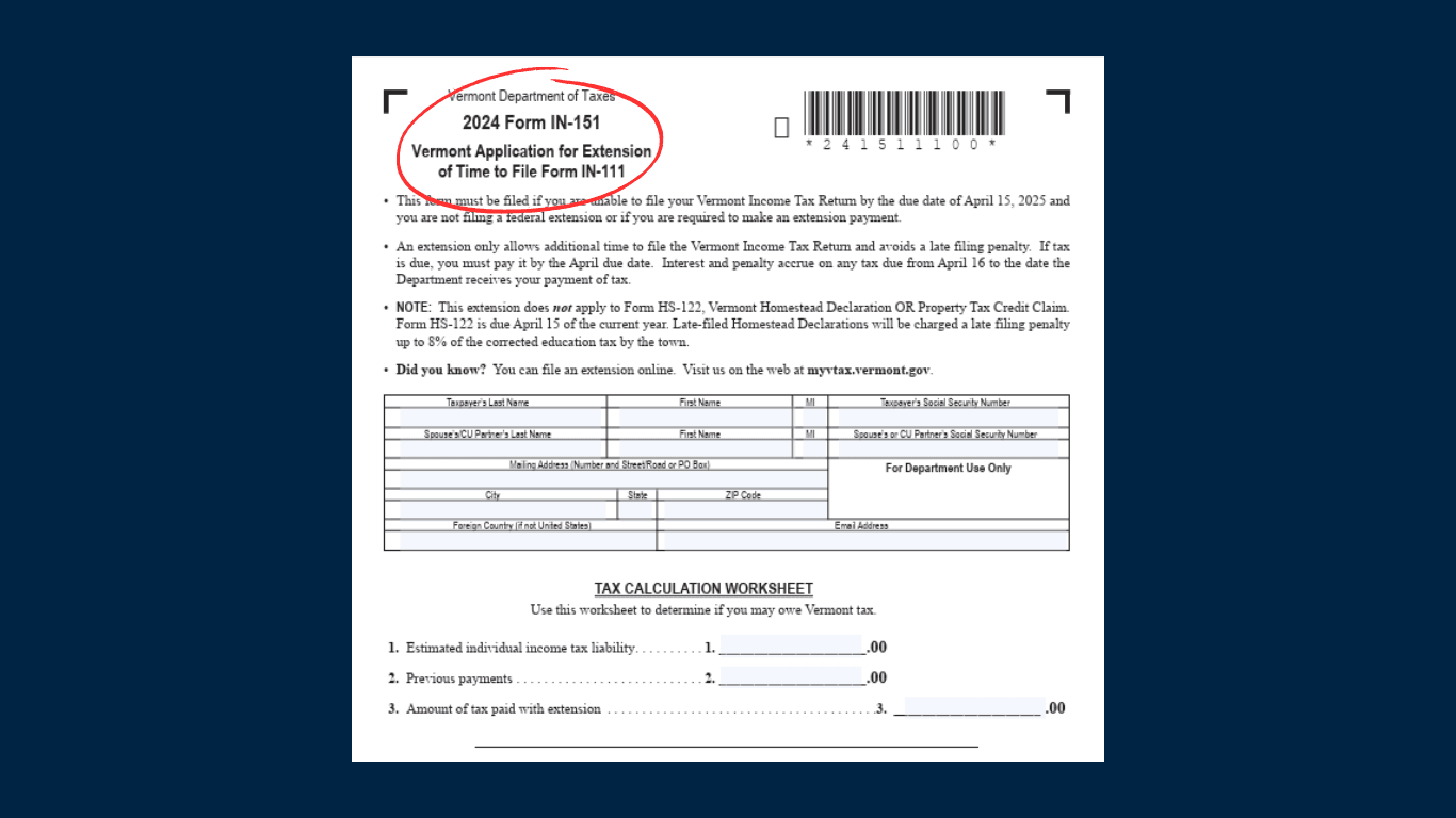 Vermont Tax Extension Form IN-151 Snapshot
