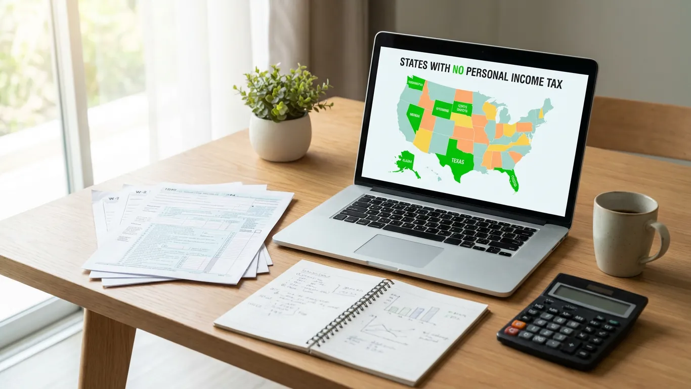 Taxpayer reviewing U.S. map showing states without personal income tax including Texas and Florida
