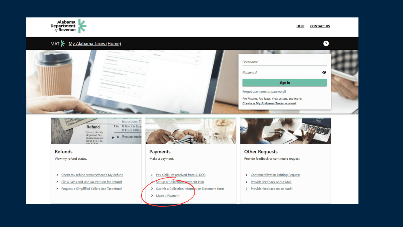 Alabama Tax Portal Screenshot showing how to make a payment