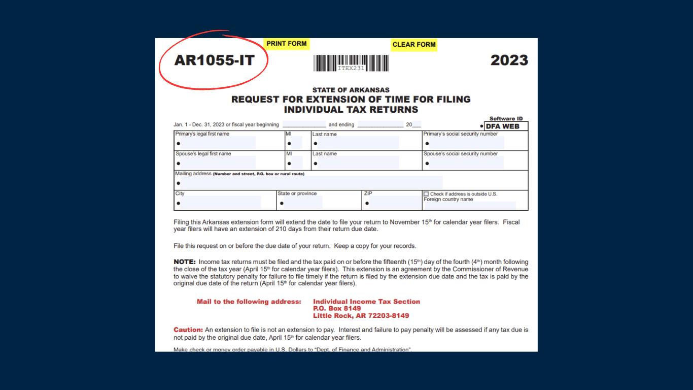 Arkansas Tax Extension Form AR1055-IT screenshot