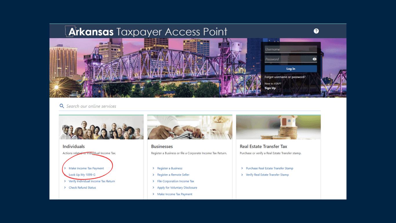 Arkansas Tax Access Point Screen Shot on how to make a payment towards your Tax Extension
