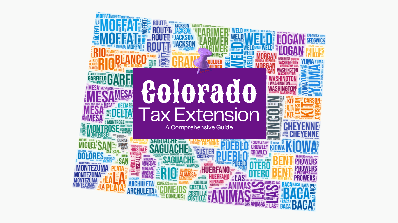 Colorado County Map in the shape of the state with a post it labeled Colorado Tax Extension