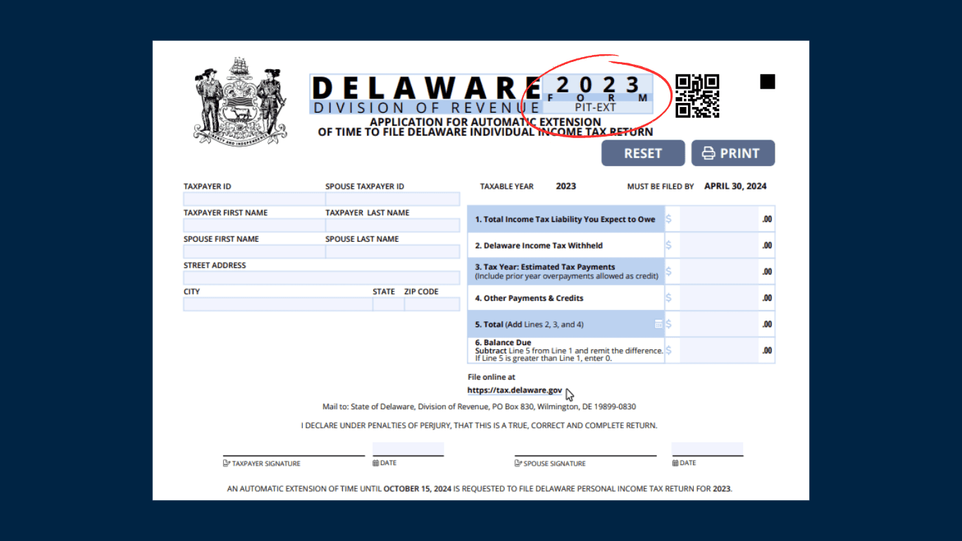 Delaware Tax Extension FORM PIT-EXT Screenshot