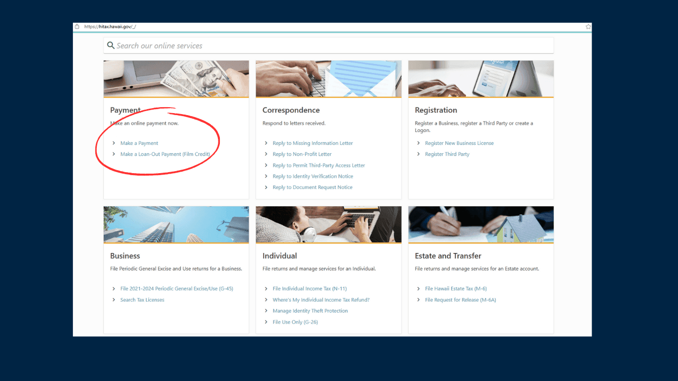 Hawaii Tax Payment Portal Screenshoot