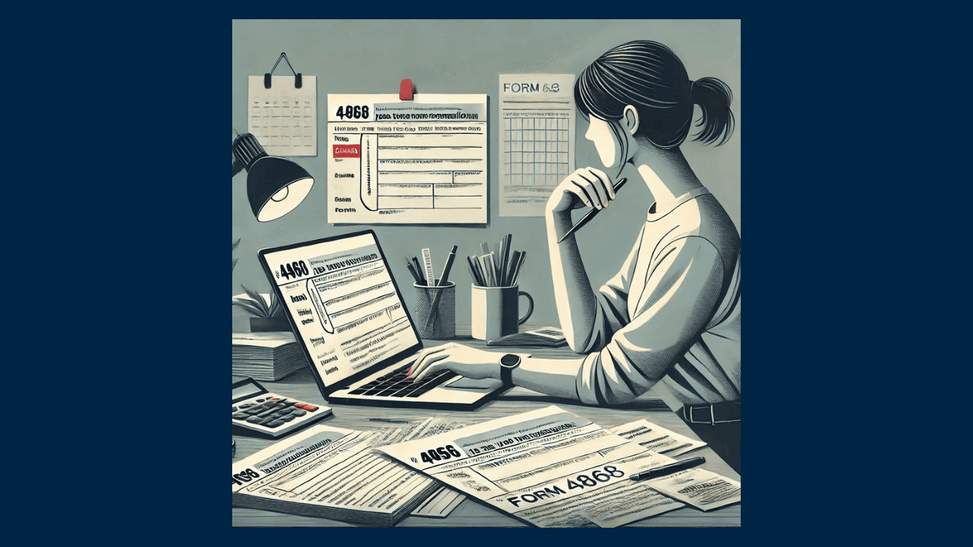 Image of a woman at a computer desk filing a Form 4868 Tax Extension