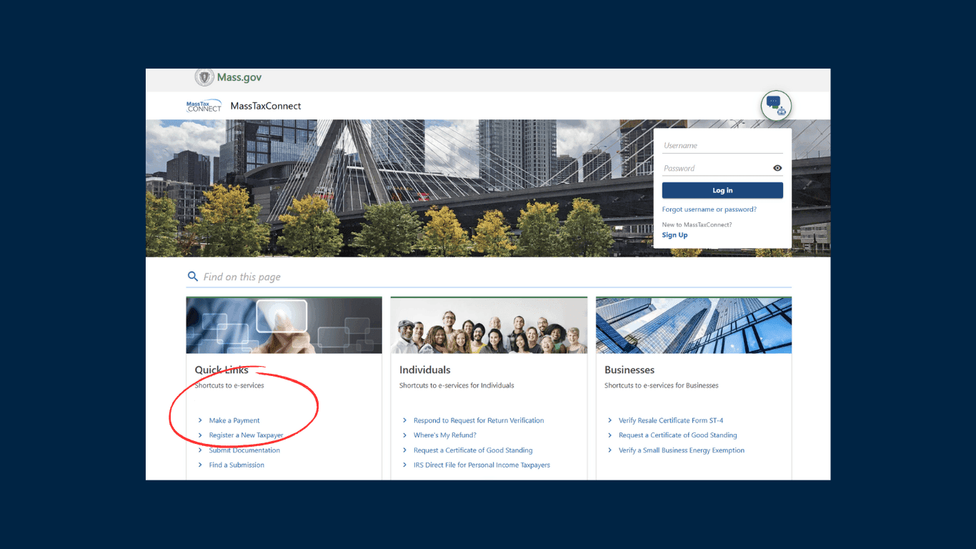 Massachusetts On Line Payment Portal Screen shot