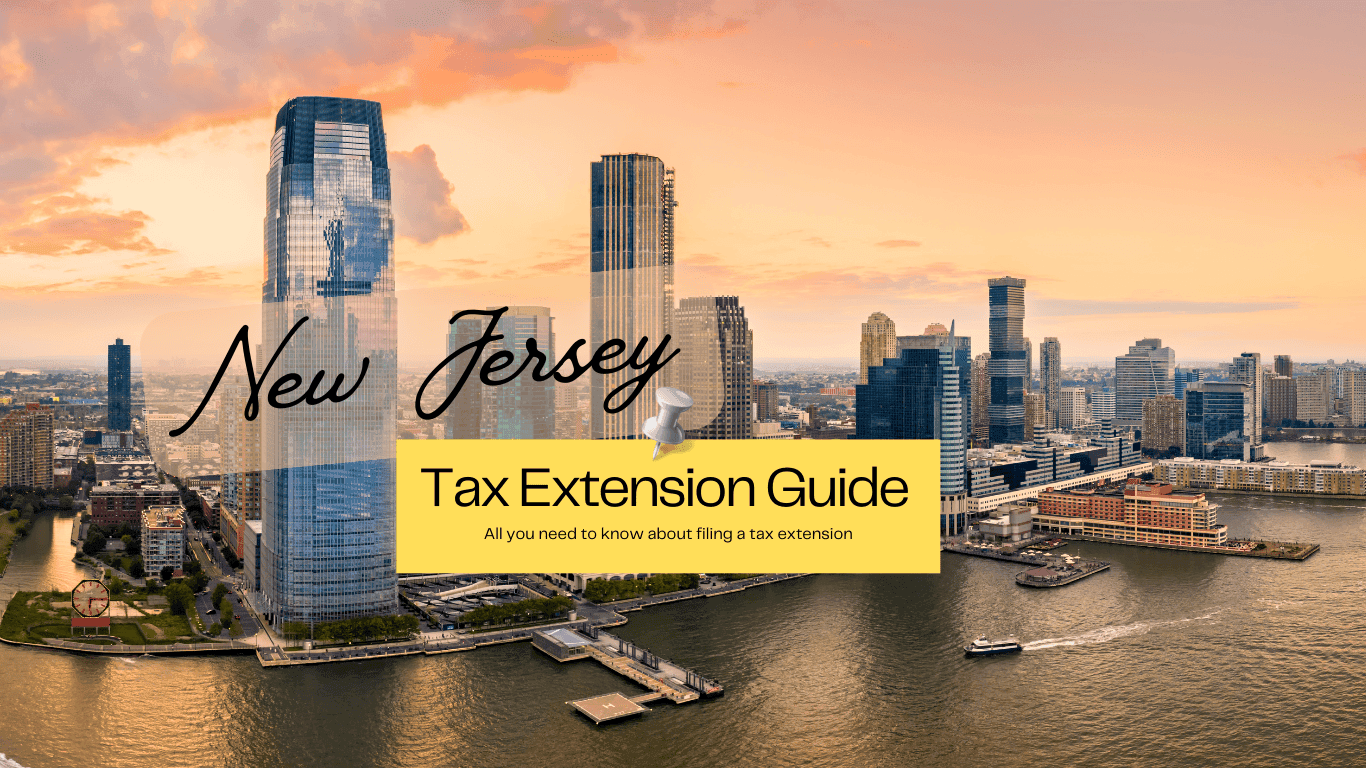 New Jersey Tax Extension Guide Post it note over an image on the New Jersey skyline