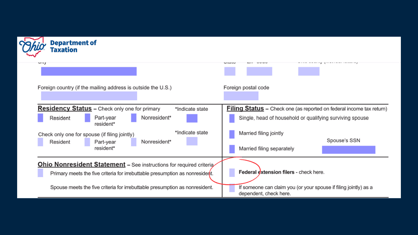 Ohio IT 1040 Image showing where to check the box for tax extensions