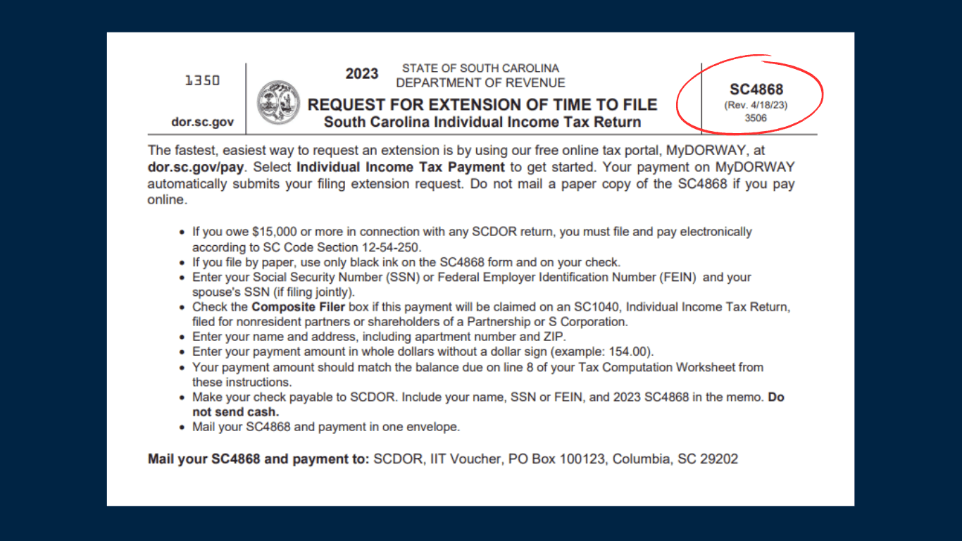 South Carolina Tax Extension FORM SC4868 Image