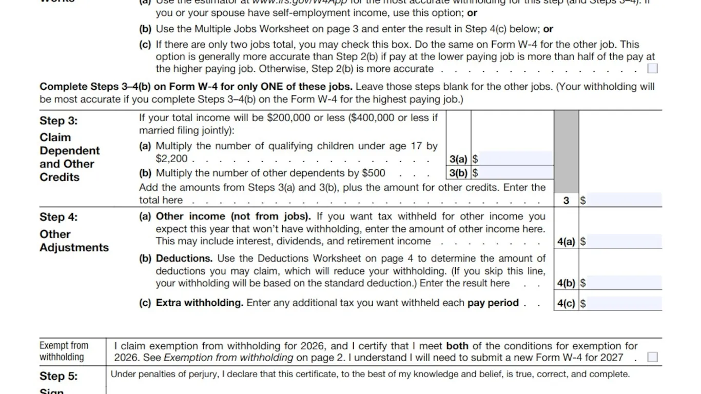 W-4 Form highlighting Step 3: Claim Dependent and other Credits